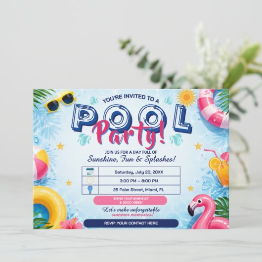 Invitation éditable pour une fête de piscine lumin (Debout devant)