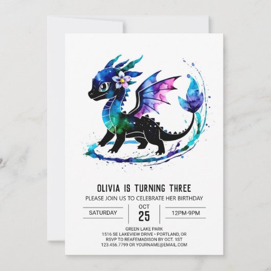 Invitation Editable Purple Dragon Digital Girl Anniversaire (Devant)