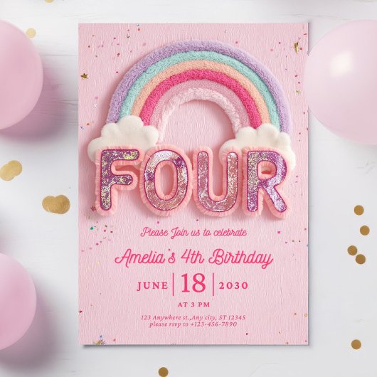 Invitation Editable Rainbow Fourth Birthday Invitation, Pink 