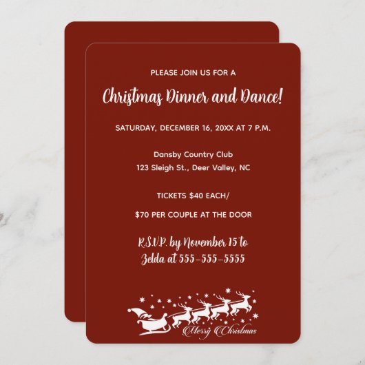 Invitation Éditable Red Classy Père Noël Sleigh and Reindeer (Devant / Derrière)