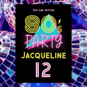 Invitation Editable Retro 80s Party Neon rose 12e anniversair