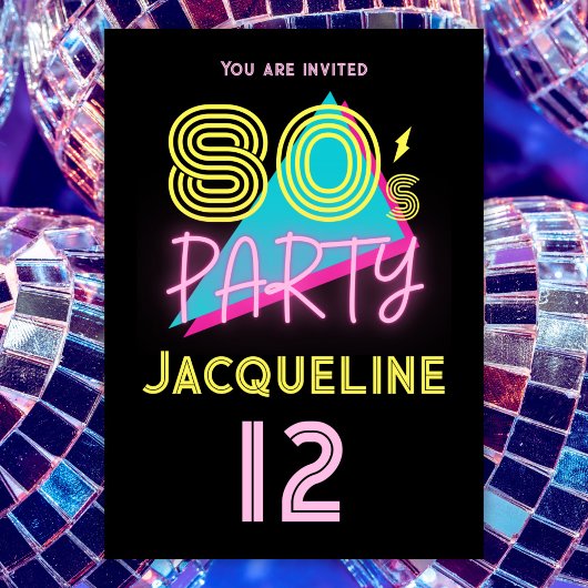 Invitation Editable Retro 80s Party Neon rose 12e anniversair
