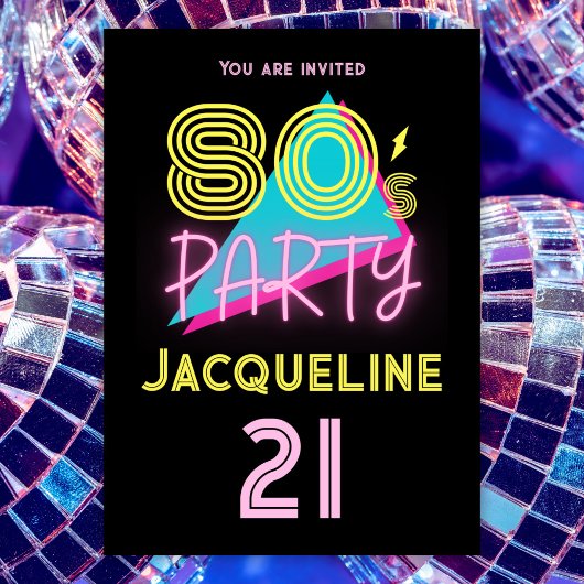 Invitation Editable Retro 80s Party Neon rose 21e anniversair