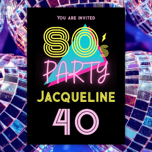Invitation Editable Retro 80s Party Neon rose 40e anniversair