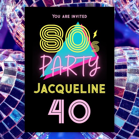 Invitation Editable Retro 80s Party Neon rose 40e anniversair