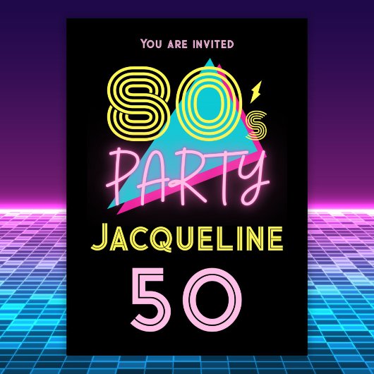 Invitation Editable Retro 80s Party Neon rose 50e anniversair