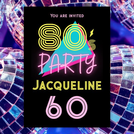Invitation Editable Retro 80s Party Neon rose 60e anniversair