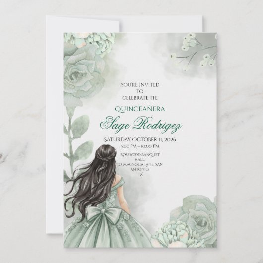 Invitation Editable Sage Green Quinceañera (Devant)