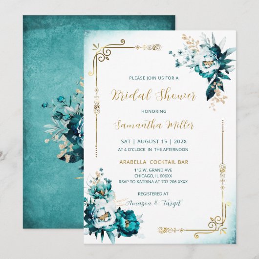 Invitation Éditable Salle de Bain de Mariée Sarcelle et Or (Devant / Derrière)