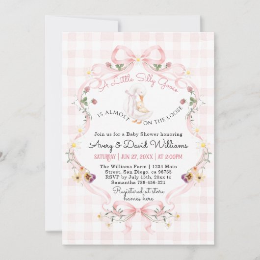 Invitation Editable Silly Goose Baby Shower Pink Bow (Devant)