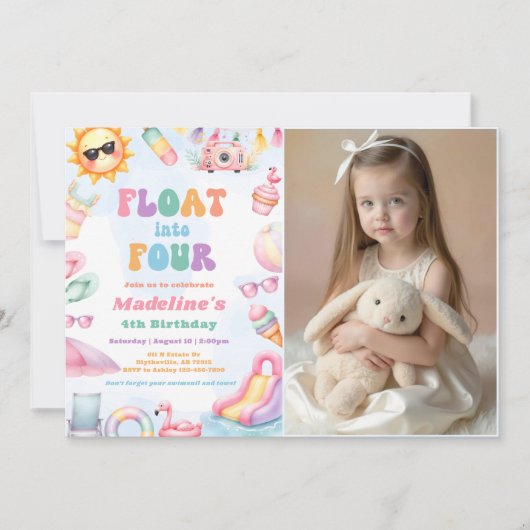 Invitation Editable Summer Float Into Four Birthday Photo (Devant)