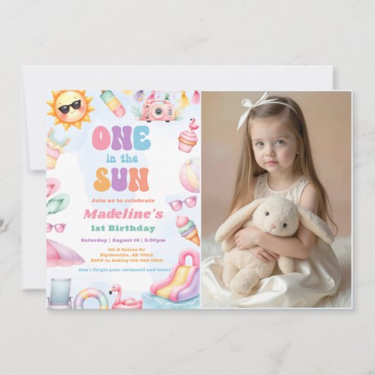 Invitation Editable Summer One In The Sun Birthday Photo (Devant)