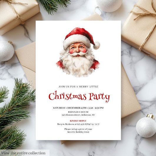 Invitation Editable Watercolor Santa Claus Holiday Dinner 