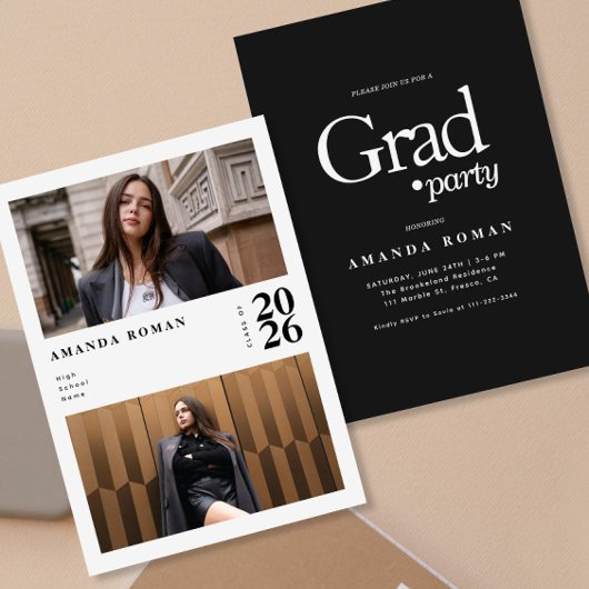Invitation Editorial moderne Black & White Photo Graduation