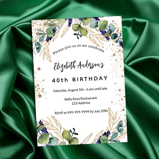 Invitation Eeucalyptus d'anniversaire parties scintillant or