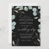 Invitation Eeucalyptus feuille élégant mariage noir (Devant)