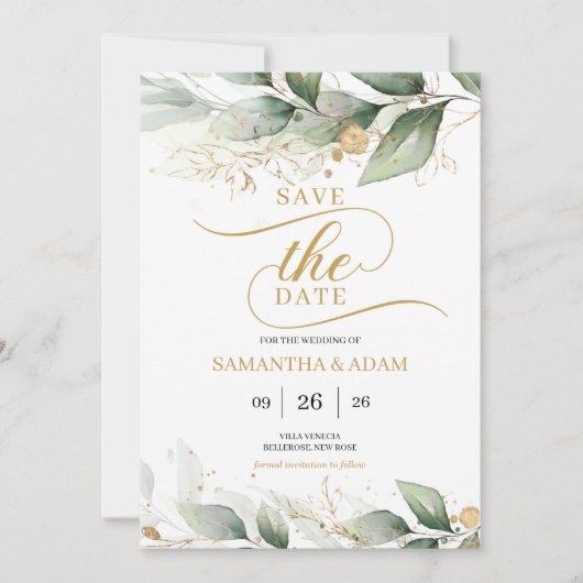 Invitation Eeucalyptus feuille en or vert sauver la date (Devant)