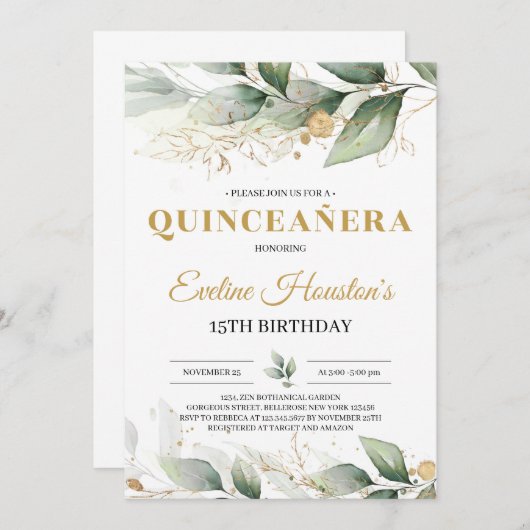 Invitation Eeucalyptus quinceanera feuille vert et or (Devant / Derrière)