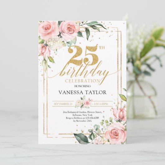 Invitation Eeucalyptus rose boho et parties scintillant dorée (Debout devant)