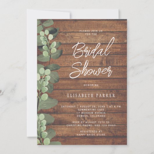 Invitation Eeucalyptus vert bois rustique douche nuptiale (Devant)
