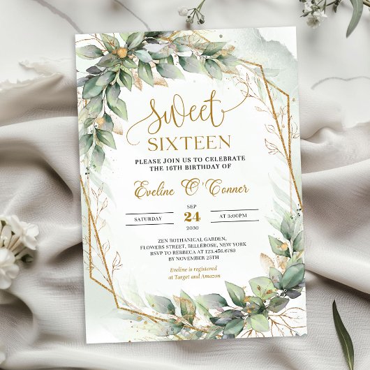 Invitation Eeucalyptus vert délicat et sweet sixteen or