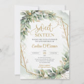 Invitation Eeucalyptus vert délicat et sweet sixteen or (Devant)
