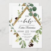 Invitation Eeucalyptus vert et feuille d'or bébé moderne (Devant / Derrière)