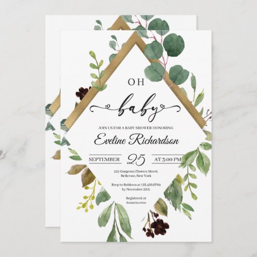 Invitation Eeucalyptus vert et feuille d'or bébé moderne (Devant / Derrière)