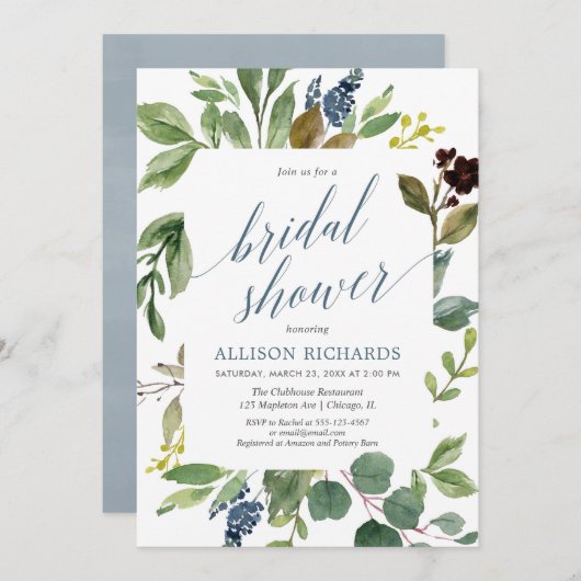 Invitation Eeucalyptus vert vert feuille nuptiale bleu poussi (Devant / Derrière)