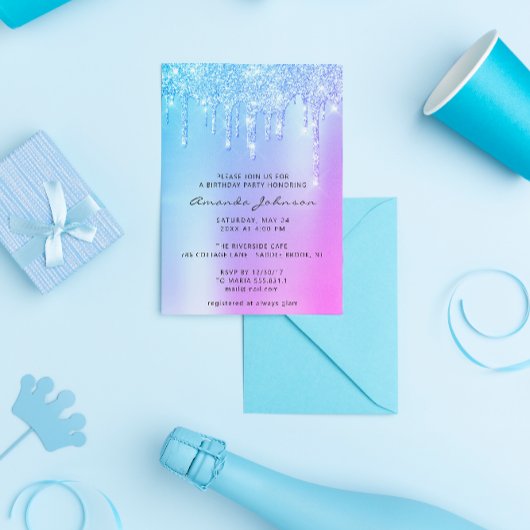 Invitation Effet Holographique Rose Bleu Pailleté Drip Annive