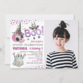 Invitation Éffrayant Crâne rose fille Halloween Photo Anniver (Devant)
