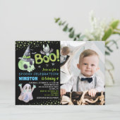 Invitation Éffrayant Crâne vert Boy Halloween Photo Anniversa (Debout devant)