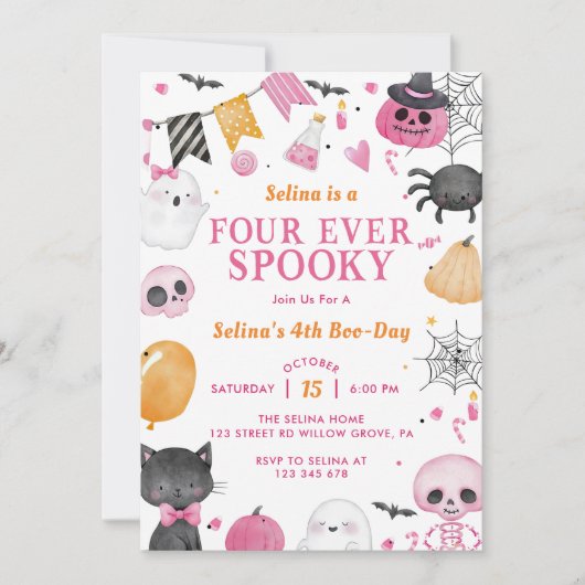 Invitation Éffrayant Halloween Cute Ghost 4e fête d'anniversa (Devant)