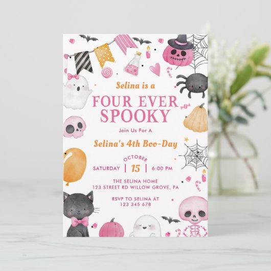 Invitation Éffrayant Halloween Cute Ghost 4e fête d'anniversa (Debout devant)