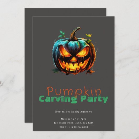 Invitation Éffrayant Jack-O' Lantern Grey Citrouille Carving  (Devant / Derrière)