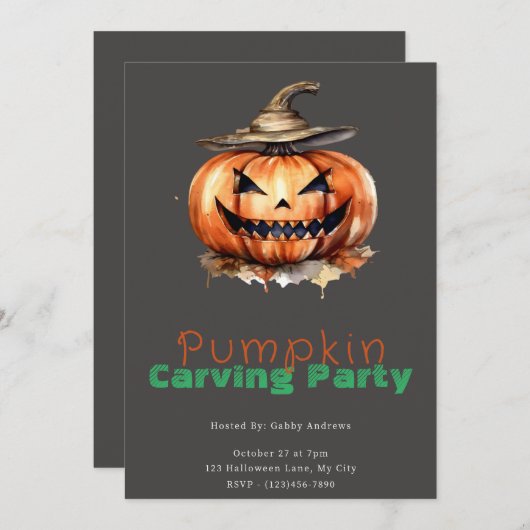 Invitation Éffrayant Jack-O' Lantern Grey Citrouille Carving (Devant / Derrière)