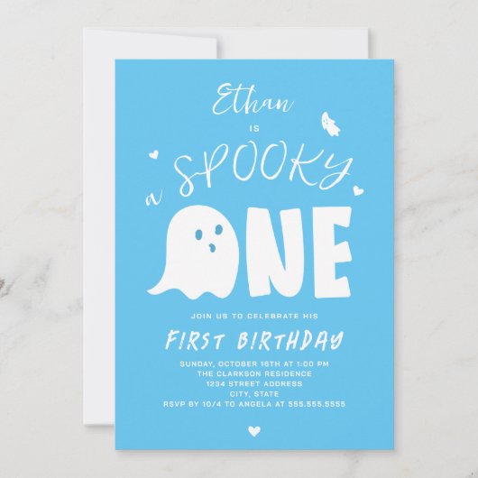 Invitation Éffrayant One Boys Blue Ghost Halloween 1er Annive (Devant)