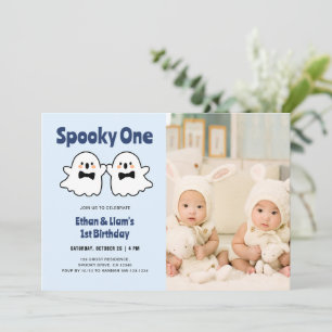 Invitation Éffrayant One Cute Twin Boys 1er Birthday Photo