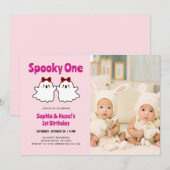 Invitation Éffrayant One Cute Twin Girls 1er Anniversaire Pho (Devant / Derrière)