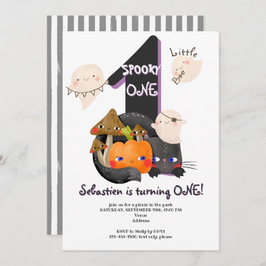 Invitation Éffrayant ONE Little Boo Halloween Enfants 1er ann (Devant / Derrière)