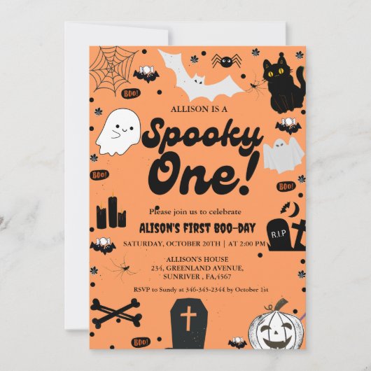 Invitation Éffrayant One Retro Grovy Halloween Fille 1er Anni (Devant)