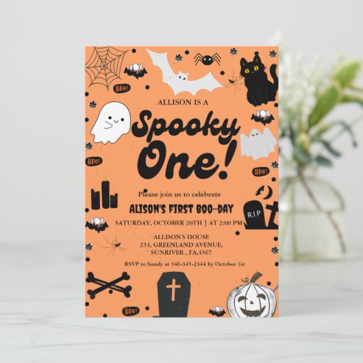 Invitation Éffrayant One Retro Grovy Halloween Fille 1er Anni (Debout devant)