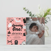 Invitation Éffrayant One Retro Grovy Halloween Fille 1er Anni (Debout devant)