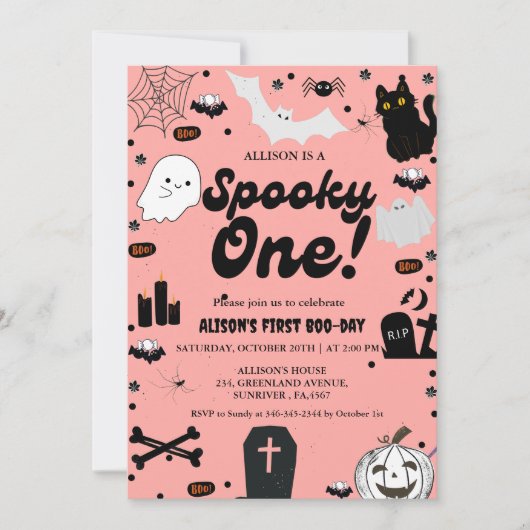 Invitation Éffrayant One Retro Grovy Halloween Fille 1er Anni (Devant)