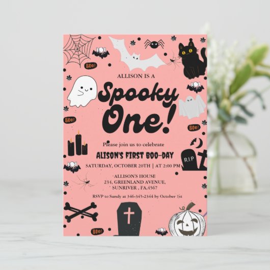 Invitation Éffrayant One Retro Grovy Halloween Fille 1er Anni (Debout devant)