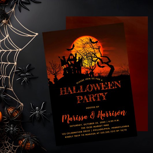 Invitation Éffrayant Orange Lune Haunted Maison Halloween Par
