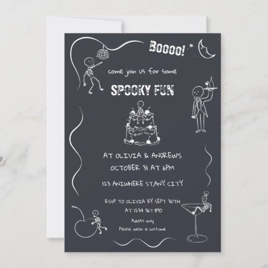 Invitation Éffrayant plaisir Skeleton Black Adult Halloween P (Devant)