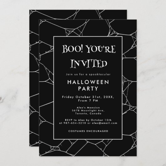Invitation Éffrayant Spider Web Black & White Halloween Party (Devant / Derrière)