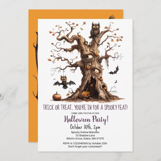 Invitation Éffrayant Tree Owl Bats Citrouille Halloween Party (Devant / Derrière)