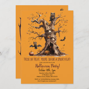 Invitation Éffrayant Tree Owl Bats Citrouille Halloween Party